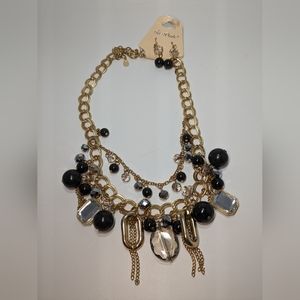 Gold Black Sparkly Chain Ta-Dah Necklace Earring Set Lead & Buckle Free